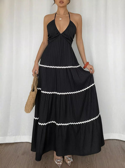 Halter Neck Pleated Maxi Dress-Nordavory