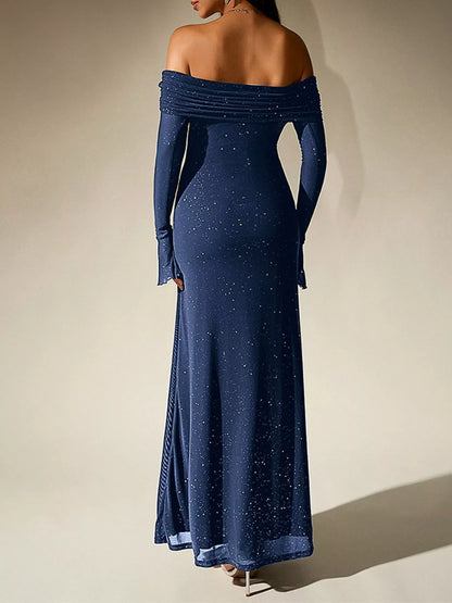 Glitter Off-Shoulder Maxi Dress-Nordavory