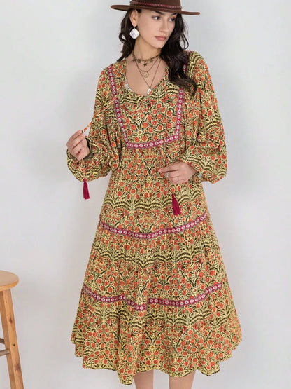 Floral Tiered Midi Dress with Balloon Sleeves-Nordavory