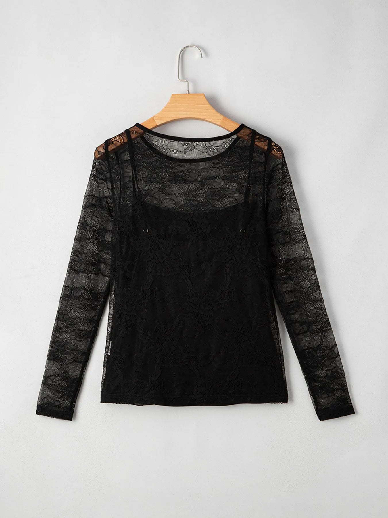 Lace Crochet Mesh Patched Slim Fit Long Sleeve Top-Nordavory