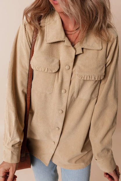 Frill Button Up Long Sleeve Shacket-Nordavory