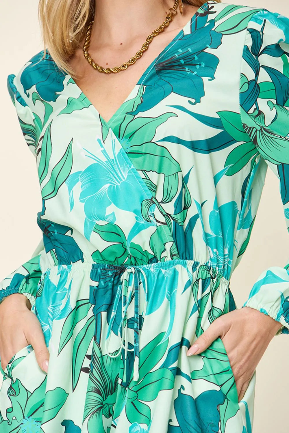 Double Take Full Size Floral Long Sleeve Romper with Pockets-Nordavory
