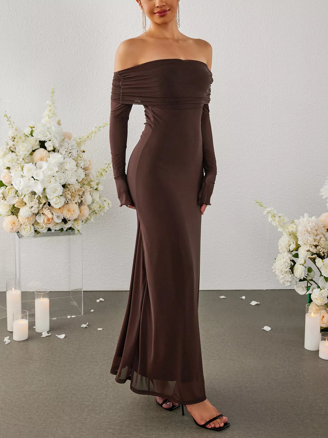 Off-Shoulder Ruched Long Sleeve Maxi Dress-Nordavory