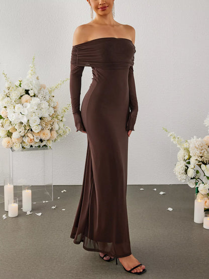 Off-Shoulder Ruched Long Sleeve Maxi Dress-Nordavory