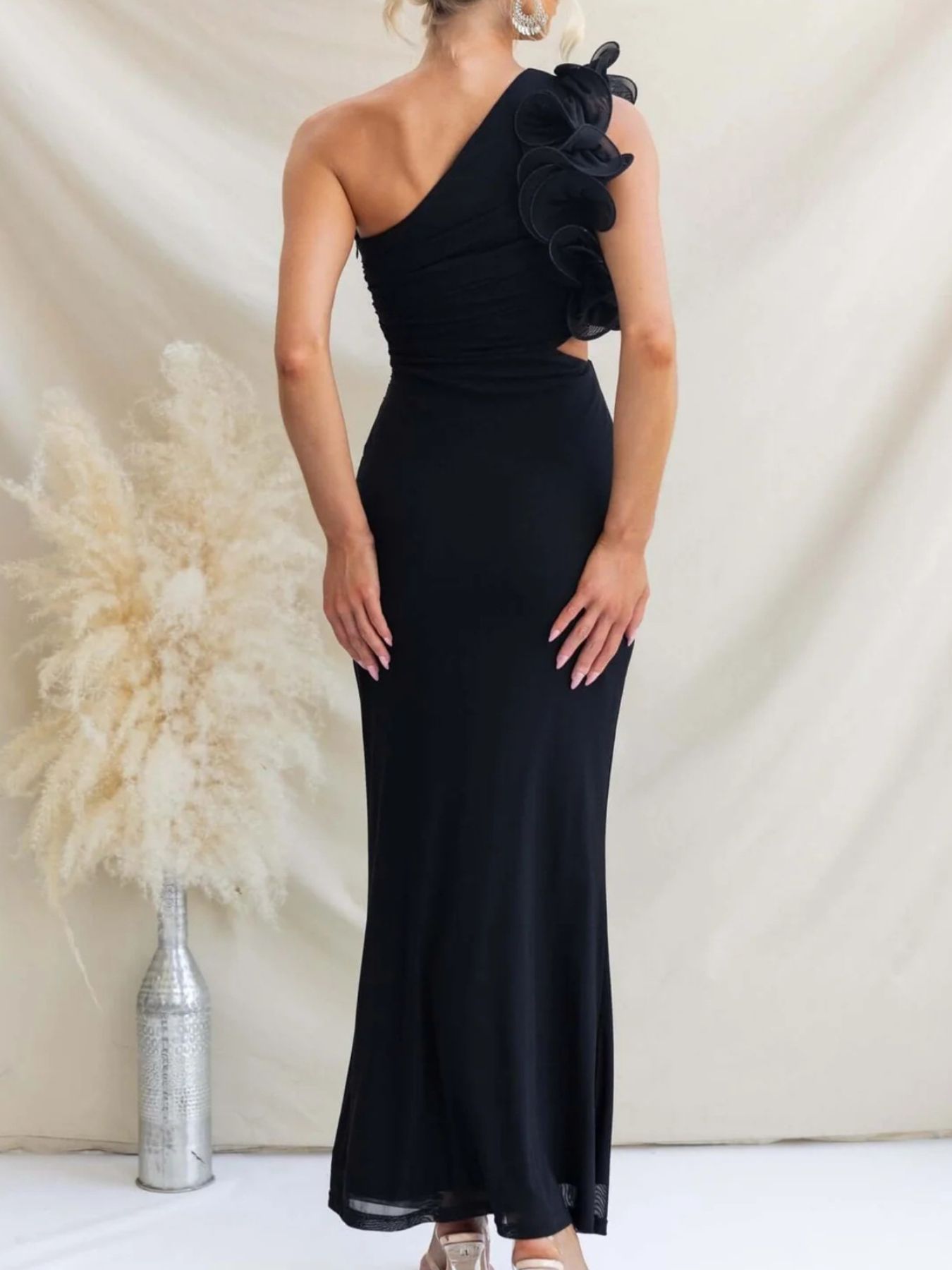 One-Shoulder Floral Trim Sleeveless Maxi Dress-Nordavory