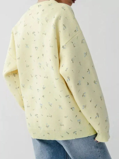 Ribbed Hem Floral Long Sleeve Sweater-Nordavory