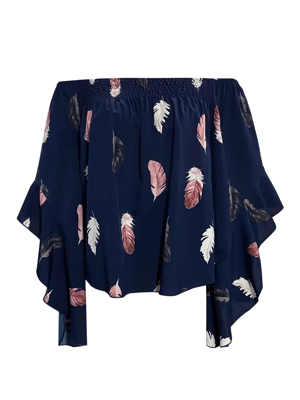 Feather Print Smocked Off-Shoulder Blouse-Nordavory
