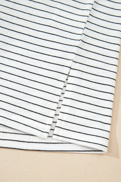 Stripe Cap Sleeve Crew Neck Casual Tee with Chest Pocket-Nordavory