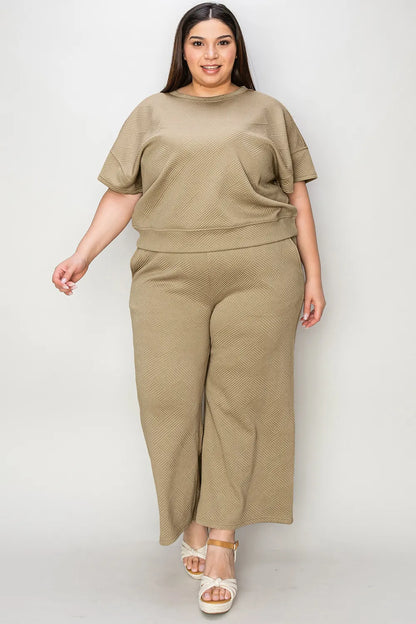 Double Take Full Size Texture Short Sleeve Top and Pants Set-Nordavory