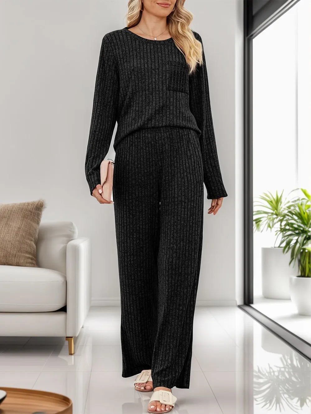 Round Neck Long Sleeve Top and Pants Set-Nordavory