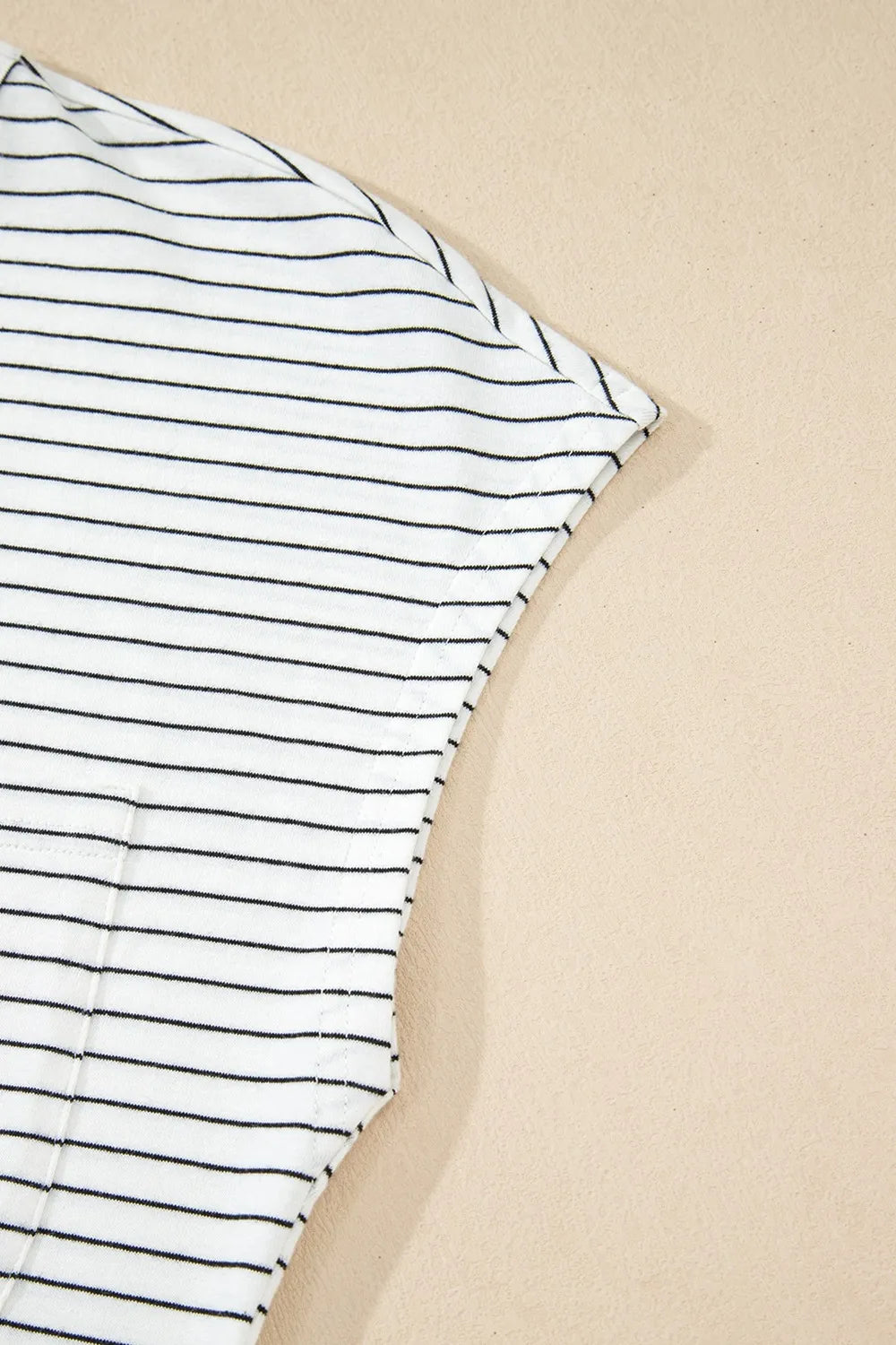 Stripe Cap Sleeve Crew Neck Casual Tee with Chest Pocket-Nordavory