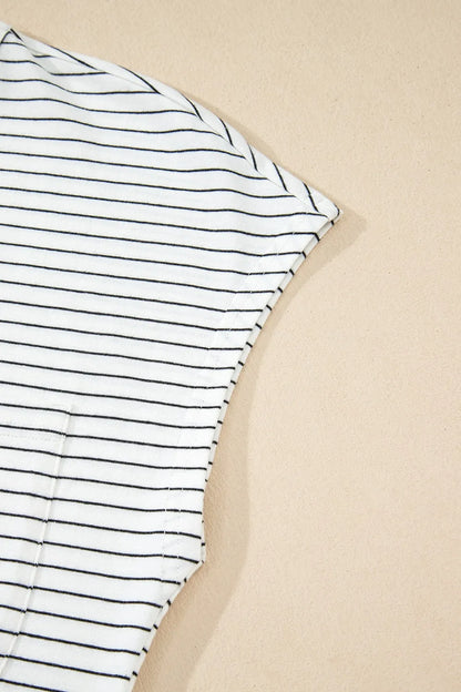 Stripe Cap Sleeve Crew Neck Casual Tee with Chest Pocket-Nordavory