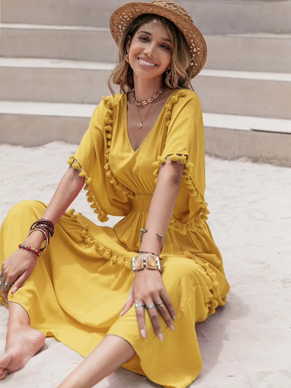 Tassel Trim Smocked V-Neck Short Sleeve Dress-Nordavory