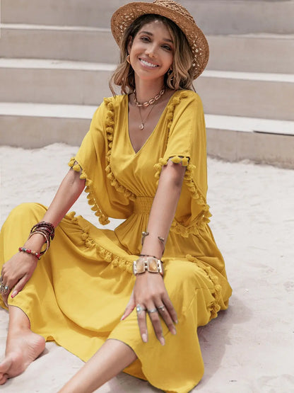 Tassel Trim Smocked V-Neck Short Sleeve Dress-Nordavory