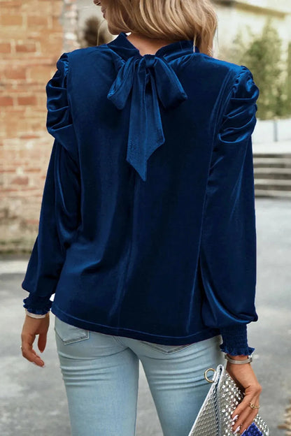 Tie Up Mock Neck Velvet Fabric Long Sleeve Blouse-Nordavory