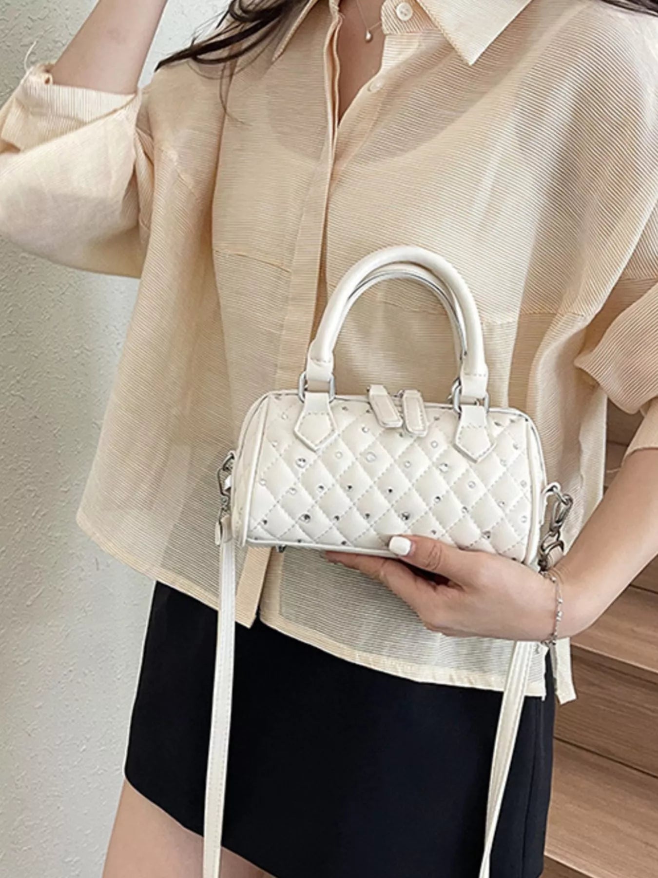 Quilted Barrel Handbag – Off-White PU Leather – image 4