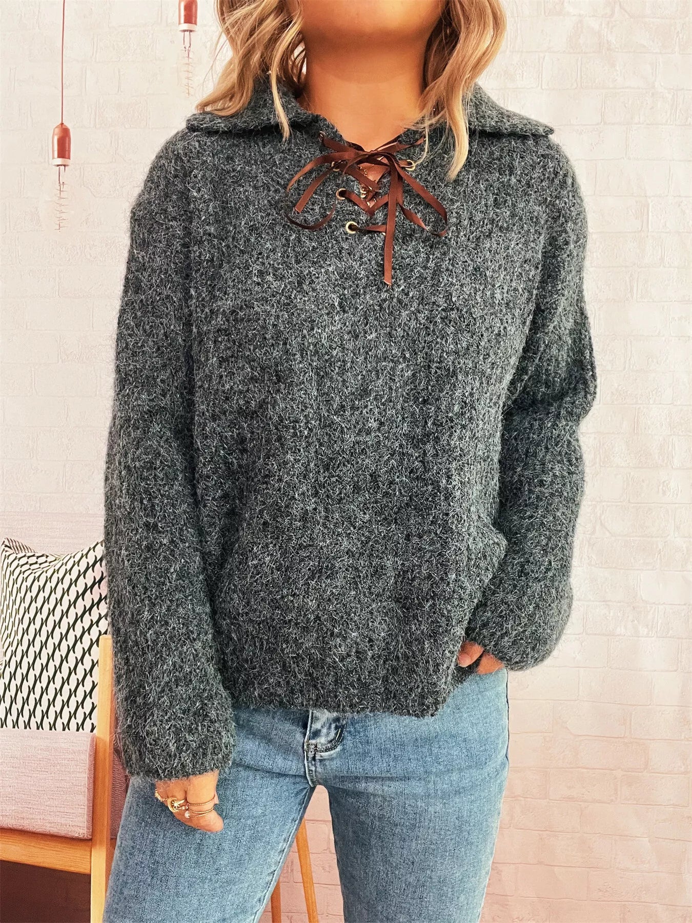 Lace Up Long Sleeve Sweater-Nordavory