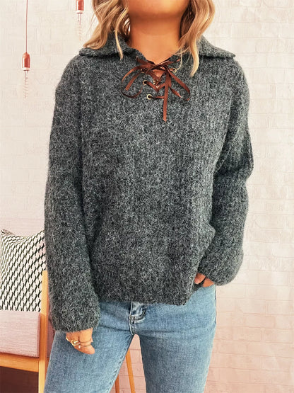 Lace Up Long Sleeve Sweater-Nordavory