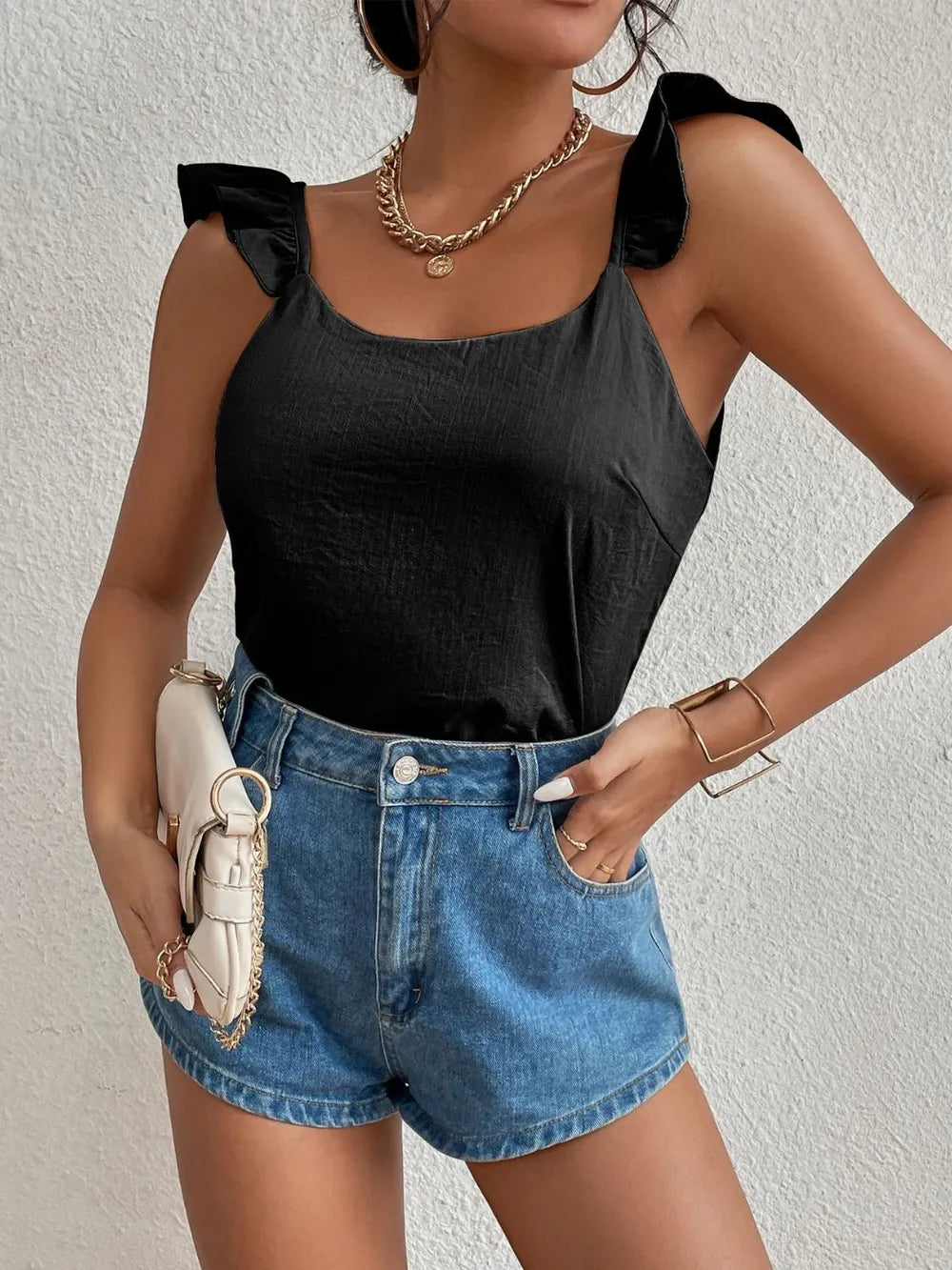 Backless Ruffled Scoop Neck Tank-Nordavory