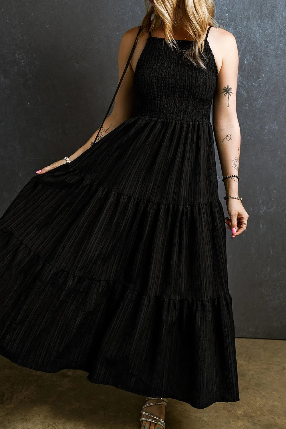 Smocked Tiered Spaghetti Strap Dress-Nordavory