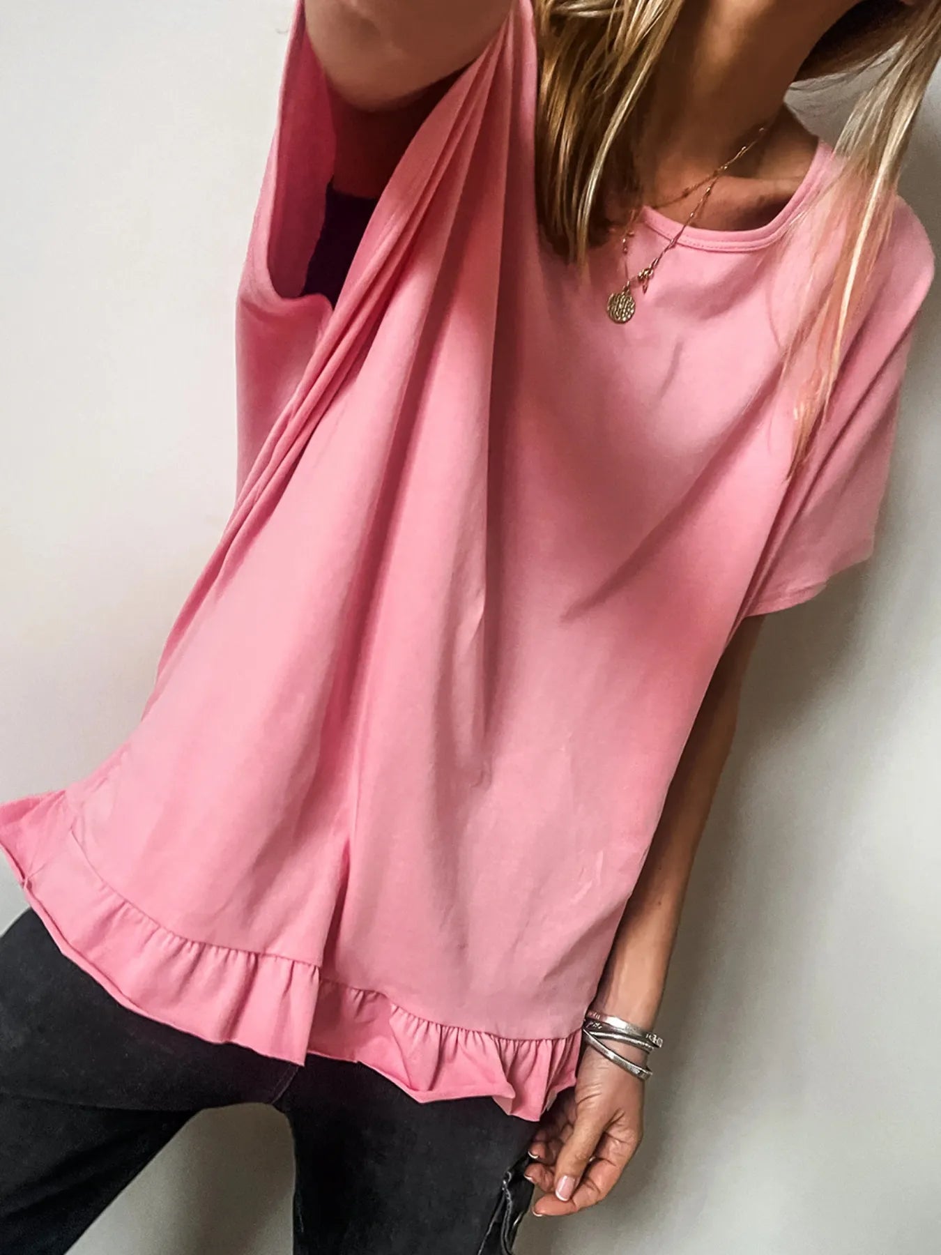 Ruffle Hem Round Neck Relaxed T-Shirt-Nordavory