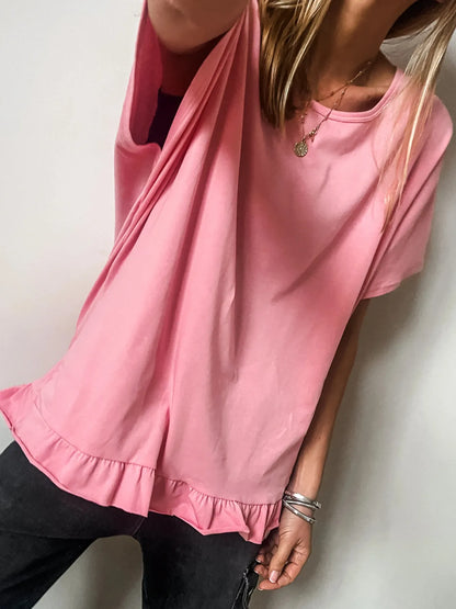 Ruffle Hem Round Neck Relaxed T-Shirt-Nordavory