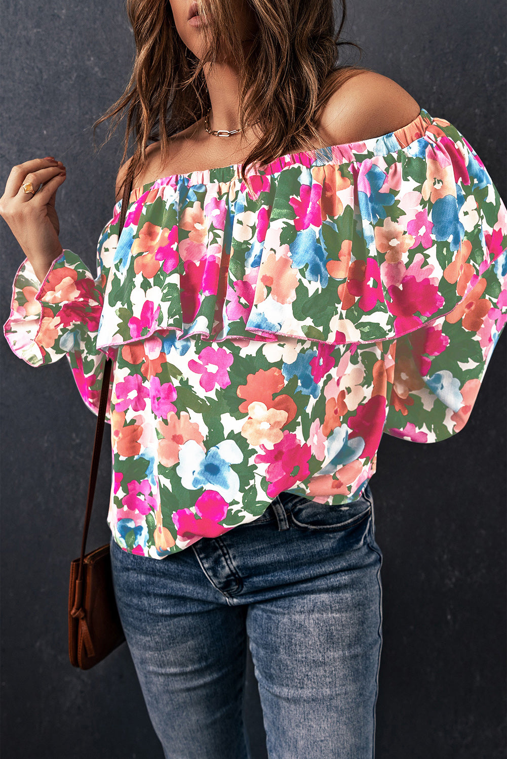 Floral Off-Shoulder Flounce Sleeve Layered Blouse-Nordavory