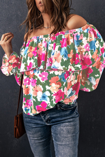 Floral Off-Shoulder Flounce Sleeve Layered Blouse-Nordavory