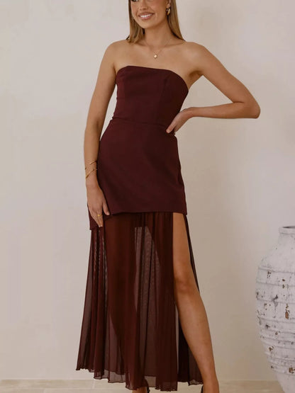 High Slit Mesh Tube Maxi Dress-Nordavory