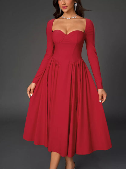 Sweetheart Neckline Long Sleeve A-Line Midi Dress-Nordavory