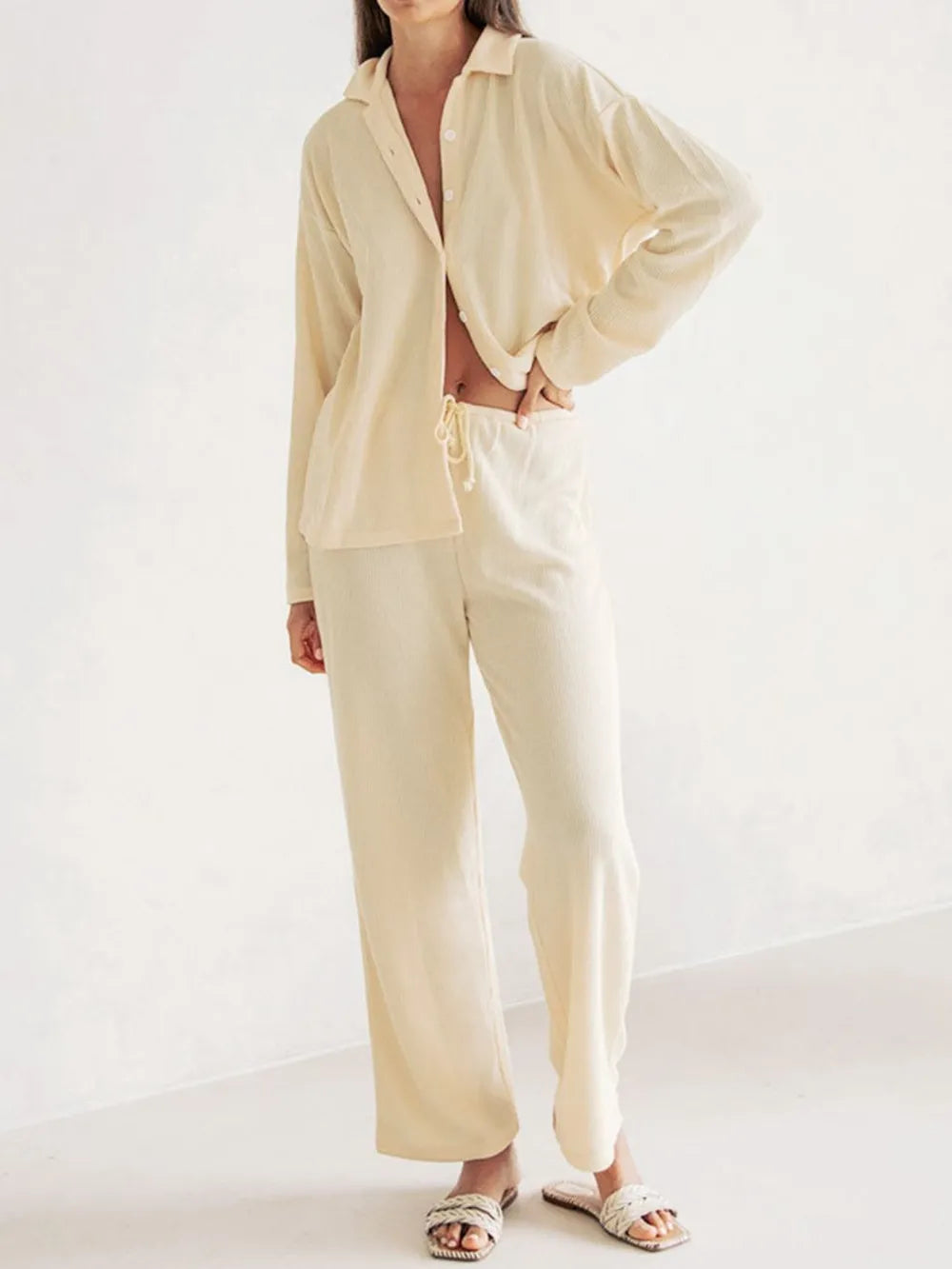 Collared Neck Long Sleeve Top and Drawstring Pants Set-Nordavory