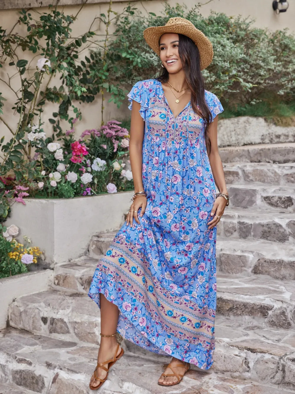 Ruffled Printed Tie Neck Cap Sleeve Dress-Nordavory