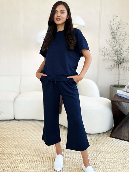 Double Take Full Size Texture Short Sleeve Top and Pants Set-Nordavory