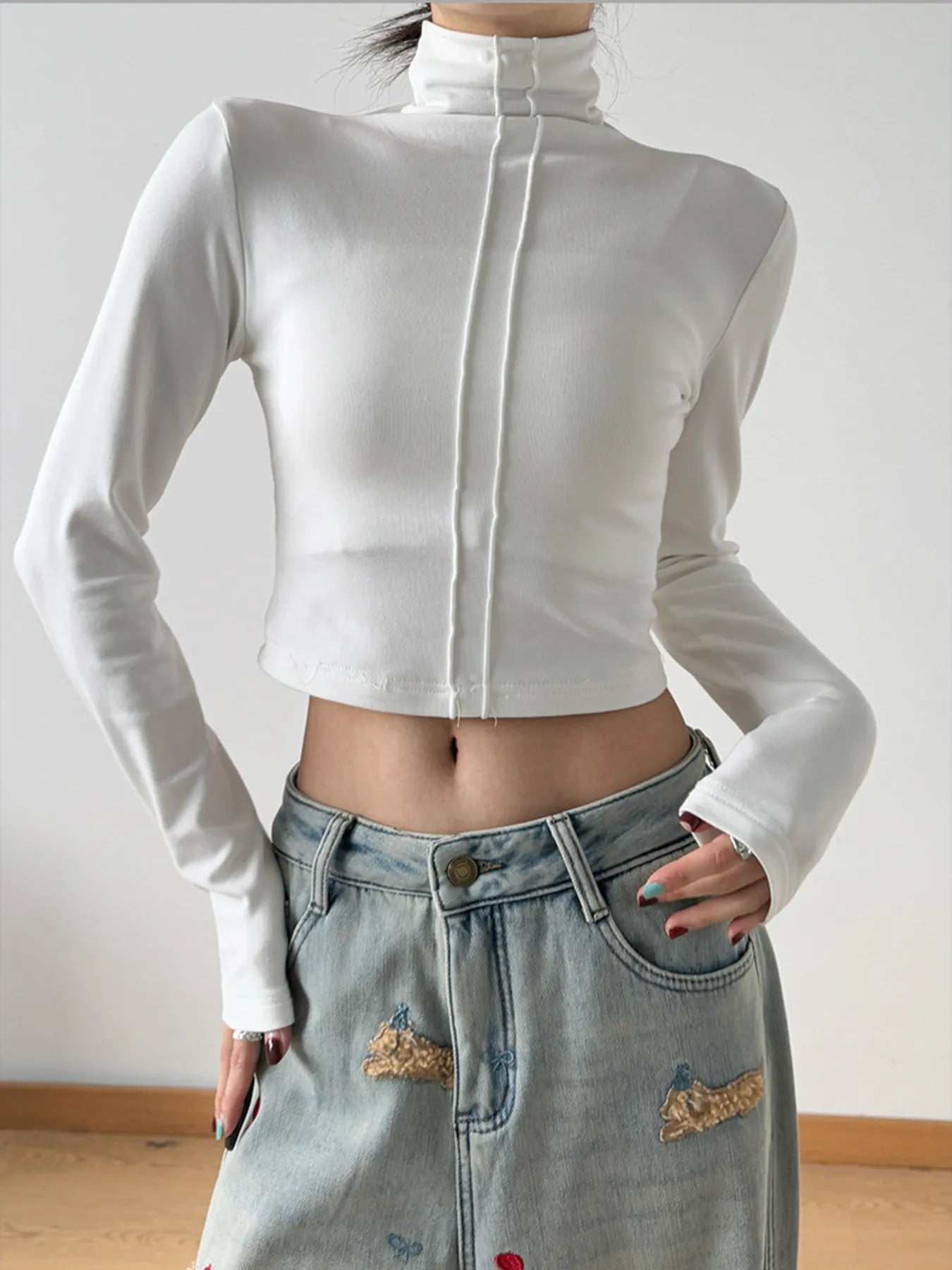High Neck Long Sleeve Cropped T-Shirt-Nordavory