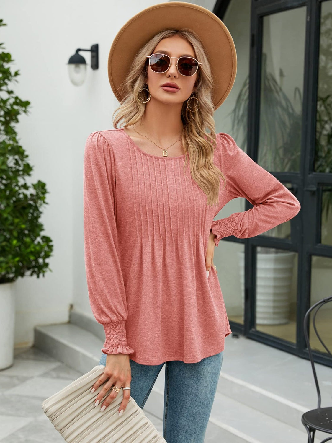 Smocked Round Neck Lantern Sleeve Blouse-Nordavory