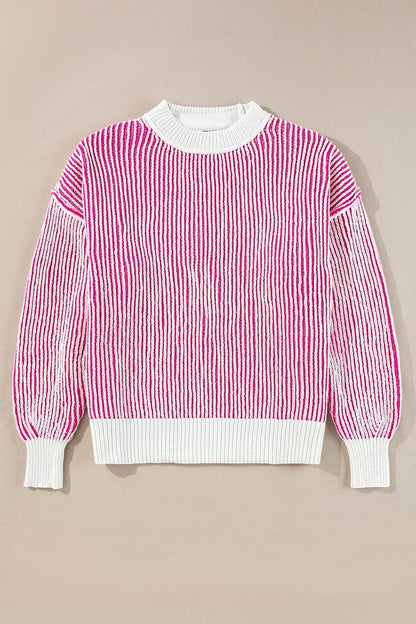 Striped Textured Knit Contrast Edge Loose Sweater-Nordavory