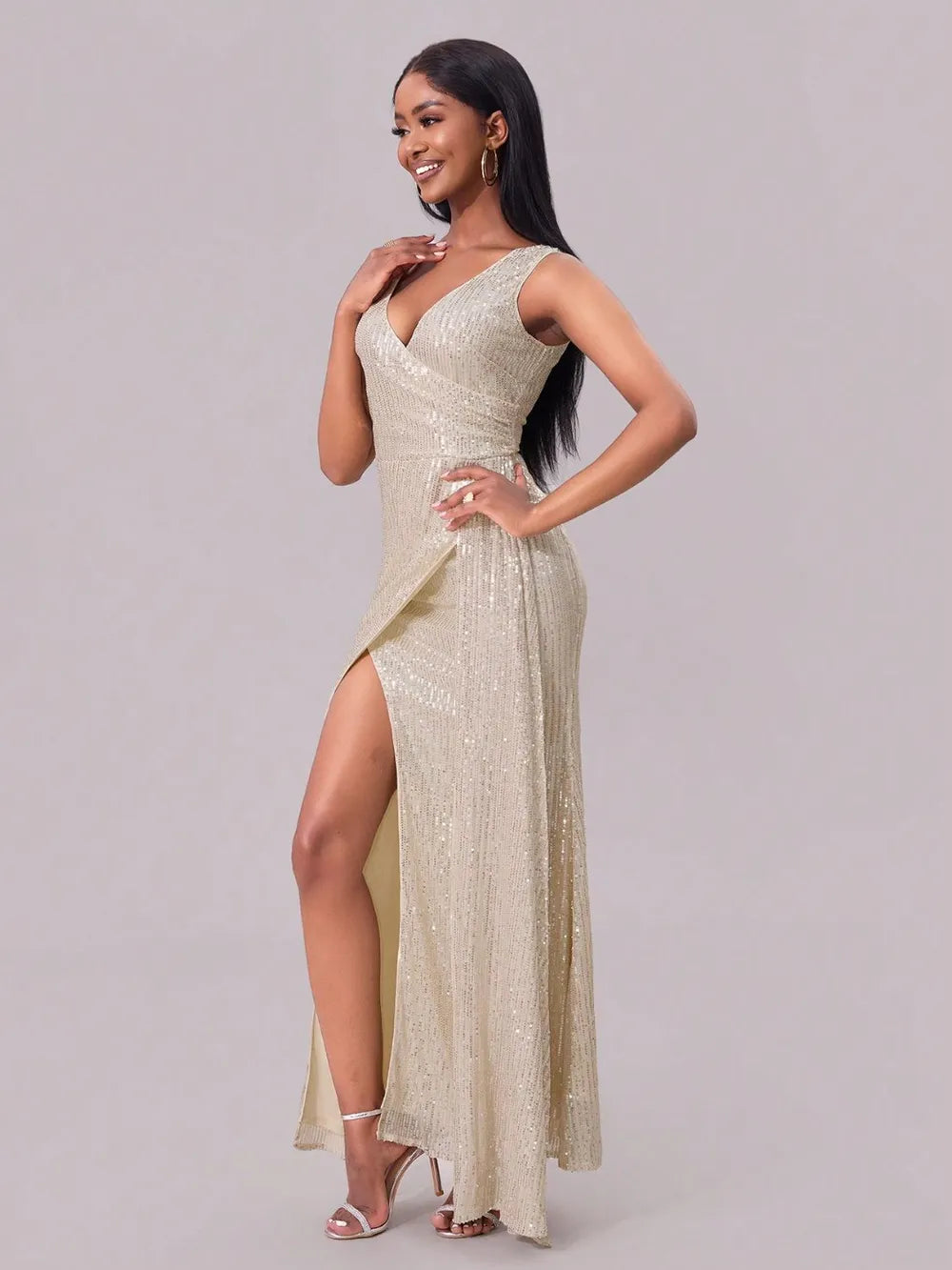 Slit Sequin Surplice Sleeveless Maxi Dress-Nordavory