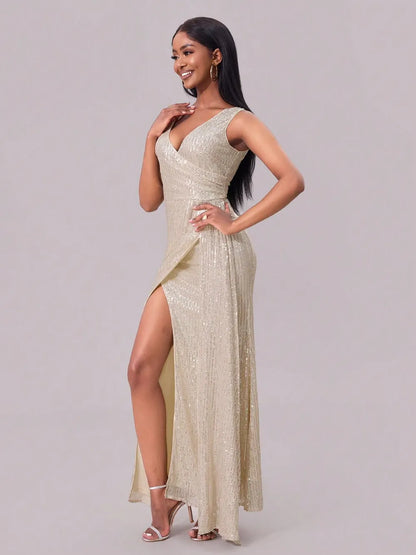 Slit Sequin Surplice Sleeveless Maxi Dress-Nordavory