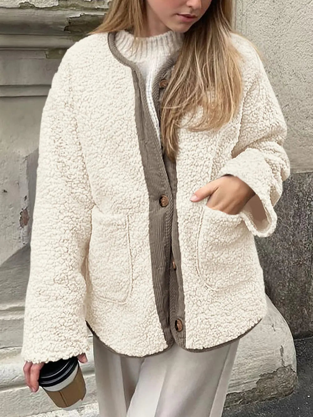 Contrast Button Up Sherpa Jacket with Pockets-Nordavory