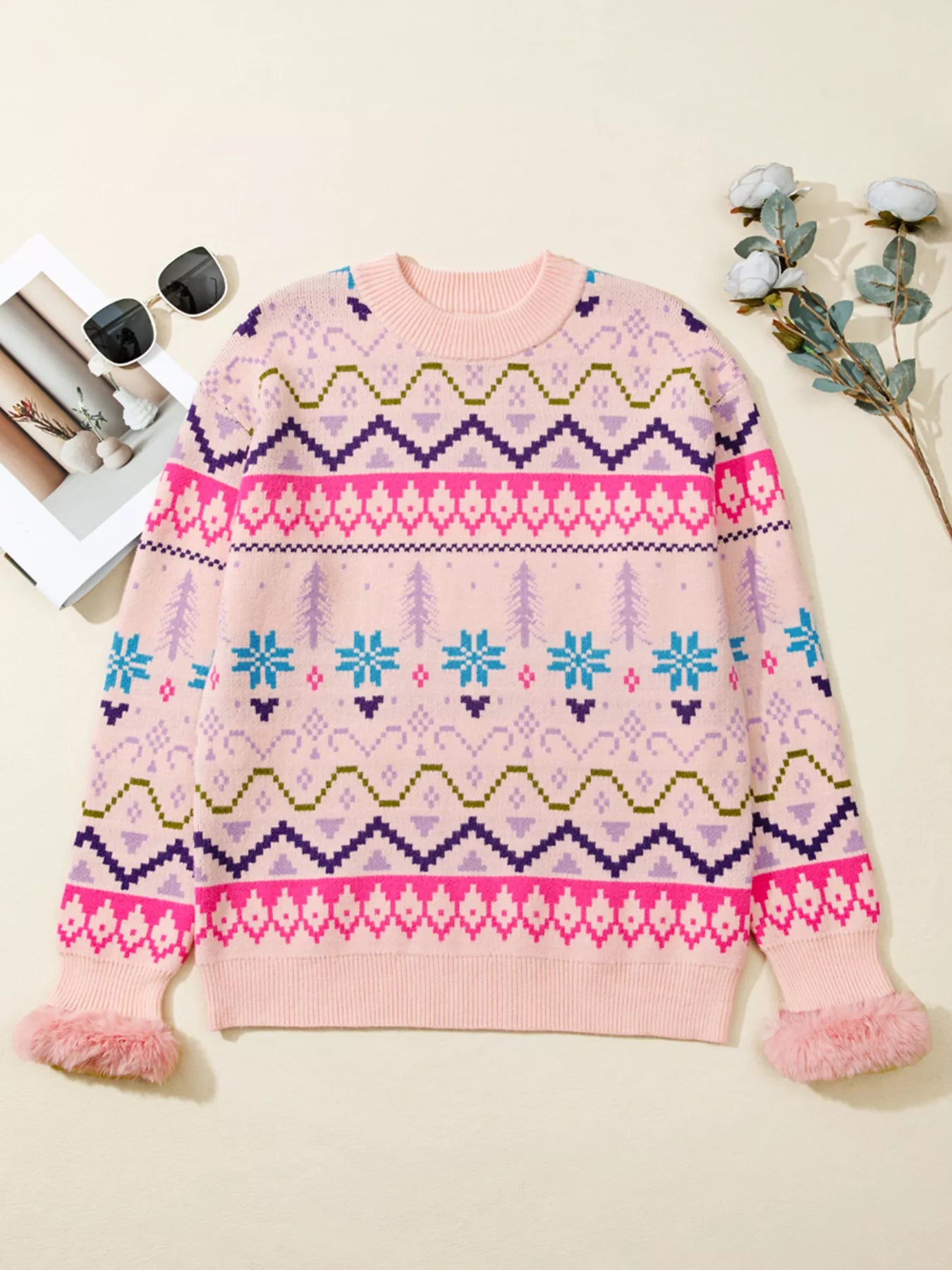 Multicolour Ethnic Christmas Pattern Knit Feather Cuffed Sweater-Nordavory