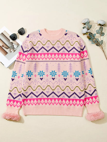 Multicolour Ethnic Christmas Pattern Knit Feather Cuffed Sweater-Nordavory