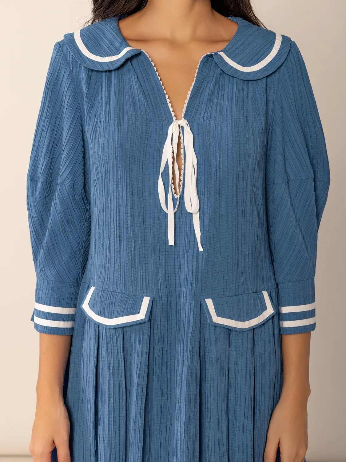 Tie Front Pleated Three-Quarter Sleeve Mini Dress-Nordavory