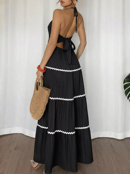 Halter Neck Pleated Maxi Dress-Nordavory