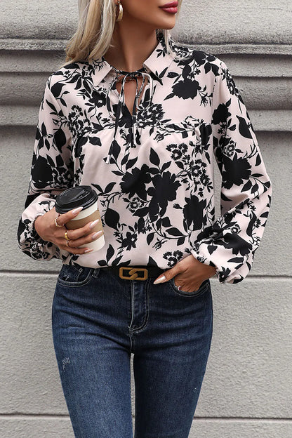 Perfee Printed Tie Neck Balloon Sleeve Blouse-Nordavory