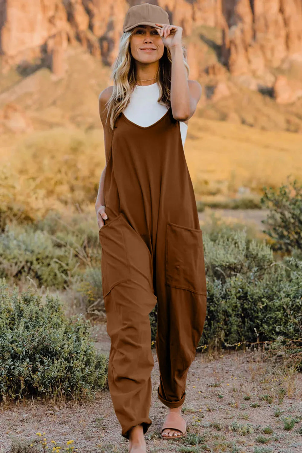 Double Take Full Size V-Neck Sleeveless Jumpsuit with Pockets-Nordavory