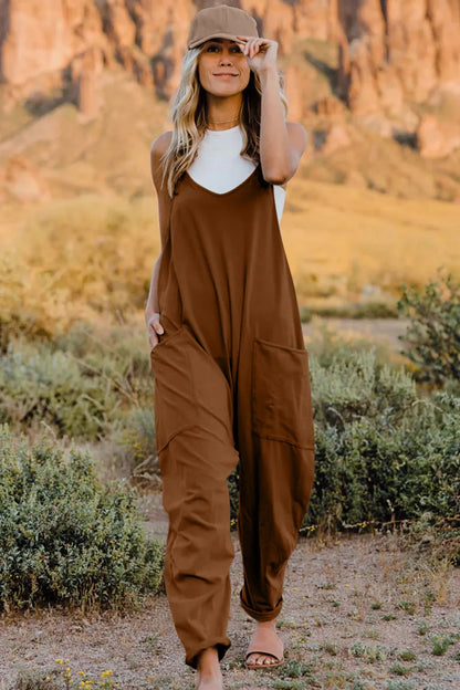 Double Take Full Size V-Neck Sleeveless Jumpsuit with Pockets-Nordavory