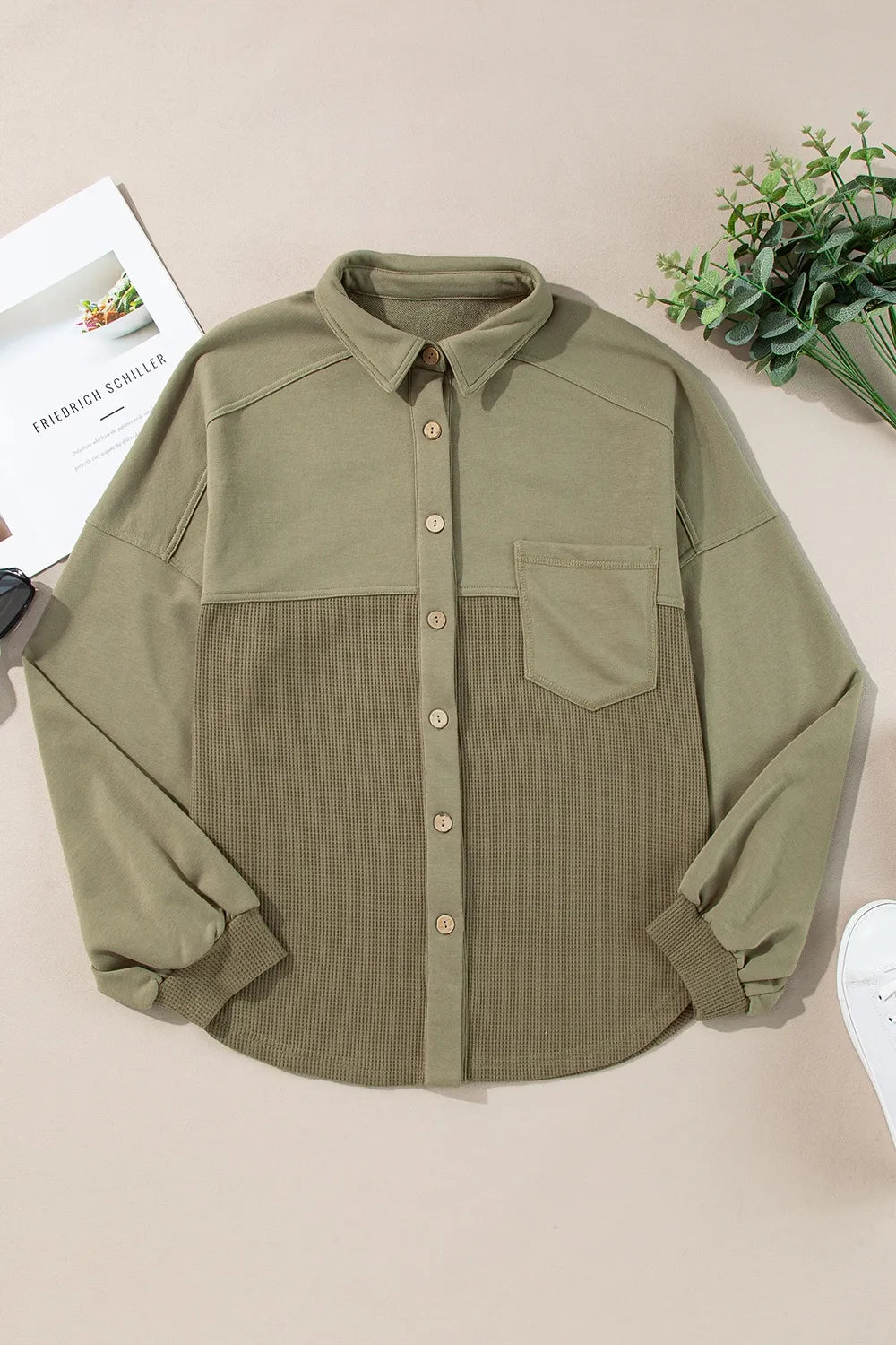 Waffle-Knit Collared Neck Long Sleeve Shacket-Nordavory