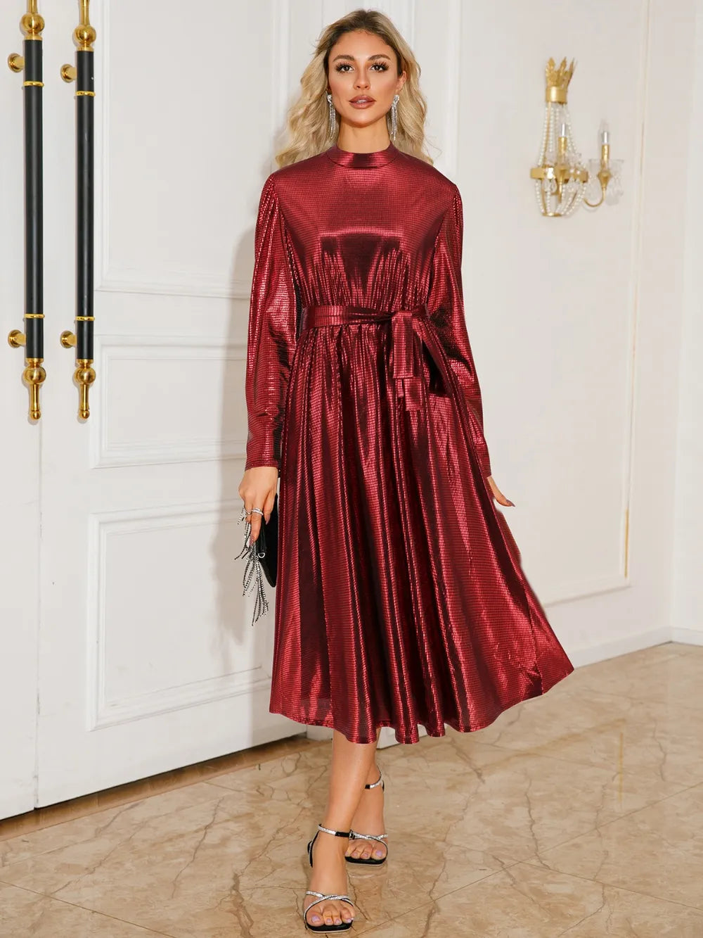 Tie Waist Long Sleeve Midi Dress-Nordavory