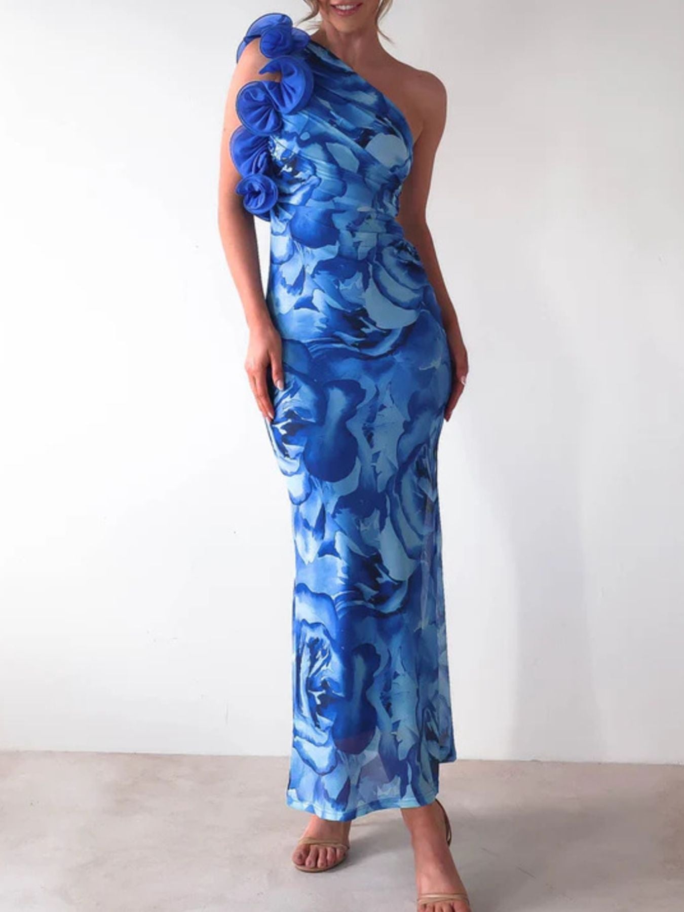 Floral Print One-Shoulder Maxi Dress-Nordavory