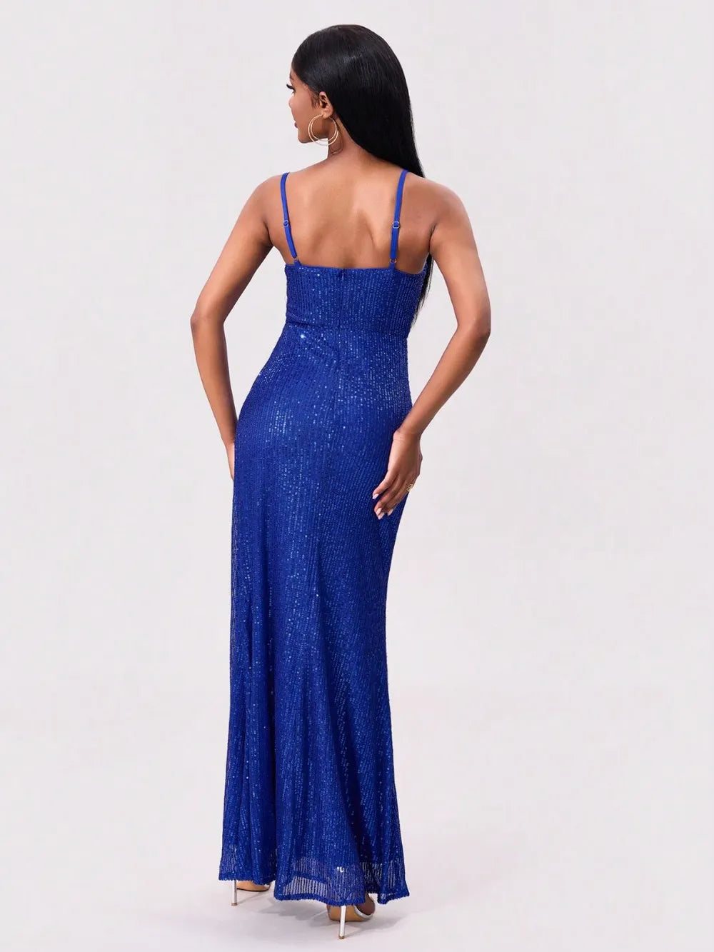 Slit Sequin Square Neck Spaghetti Strap Dress-Nordavory